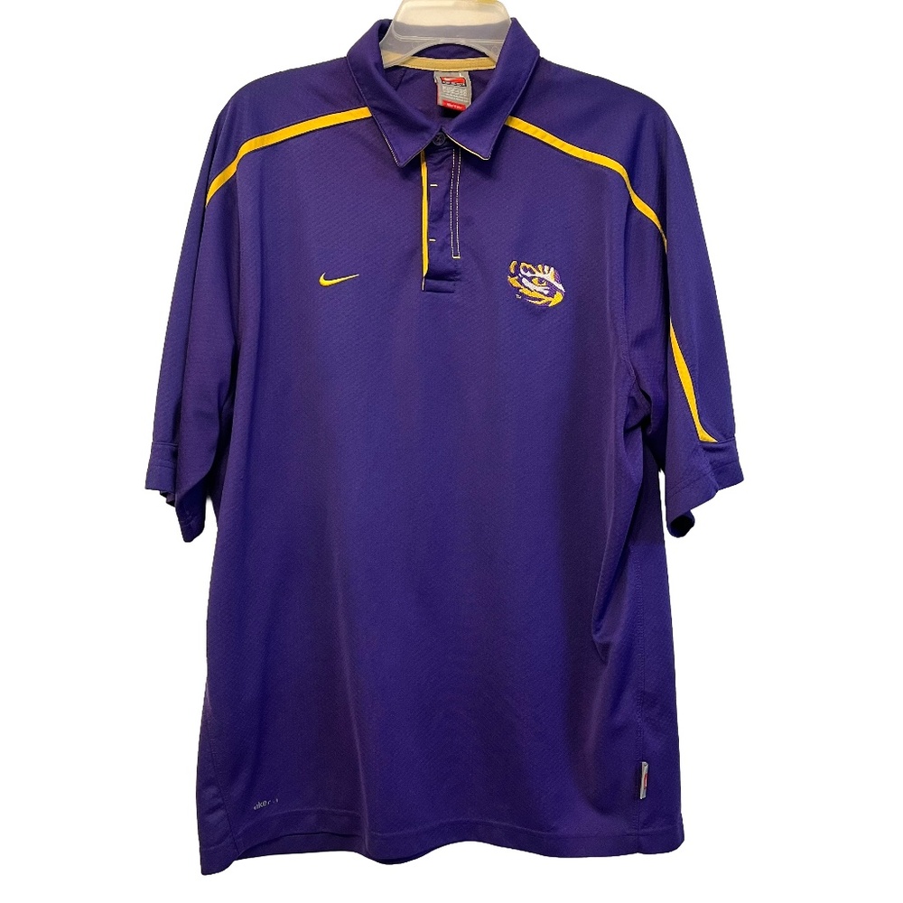 Nike Dri-Fit Mens Size L Polo Shirt LSU Tigers Purple Authentic Swoosh‎ Logo